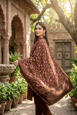 Brown Kashmiri Aari Wool Shawl with Heavy Jaal Design CraftKashmir