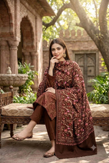 Brown Kashmiri Aari Wool Shawl with Heavy Jaal Design CraftKashmir