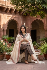White Kashmiri Sozni Wool Shawl with Hand Embroidery CraftKashmir