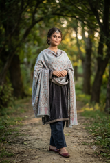 Grey Kashmiri Shawl with Floral Pattern CraftKashmir