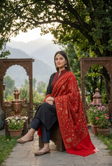 Red Aari Work Semi Pashmina Kashmiri Shawl CraftKashmir