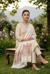 White Kani Weaving Kashmiri Wool Shawl with Designer Barat Pattern CraftKashmir