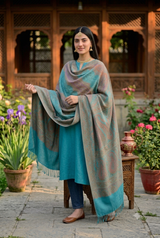 Blue Jamawar Kashmiri Wool Shawl with Aari Work CraftKashmir