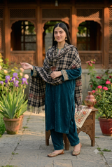 Black Kashmiri Wool Shawl with Sozni Work Check Pattern CraftKashmir