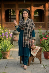 Black Kashmiri Wool Shawl with Sozni Work Check Pattern CraftKashmir