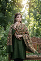 Green Kashmiri Wool Shawl with Heavy Jaal & Aari Machine Work CraftKashmir