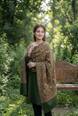 Green Kashmiri Wool Shawl with Heavy Jaal & Aari Machine Work CraftKashmir