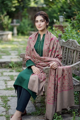 Beige Kashmiri Wool Shawl with Heavy Jaal & Aari Machine Work CraftKashmir