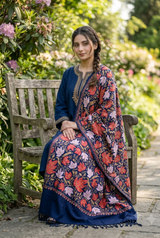 Blue Kashmiri Wool Shawl with Heavy Jaal & Aari Machine Work CraftKashmir
