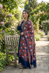 Blue Kashmiri Wool Shawl with Heavy Jaal & Aari Machine Work CraftKashmir