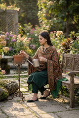 Green Kashmiri Wool Shawl with Heavy Jaal & Aari Machine Work CraftKashmir