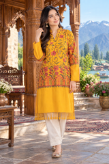 Yellow Kashmiri Embroidered Woolen Kurti – Traditional Ethnic Winter Wear CraftKashmir