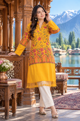 Yellow Kashmiri Embroidered Woolen Kurti – Traditional Ethnic Winter Wear CraftKashmir