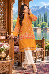 Mustard Kashmiri Embroidered Woolen Kurti – Traditional Ethnic Winter Wear CraftKashmir
