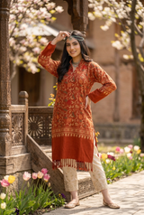 Red embroidered woolen kurti for women in Kashmiri ethnic style