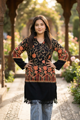 Black Kashmiri embroidered woolen kurti worn by a woman