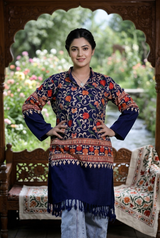 Blue Kashmiri woolen kurti with vibrant traditional embroidery