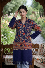 Blue embroidered woolen kurti for women in Kashmiri ethnic style