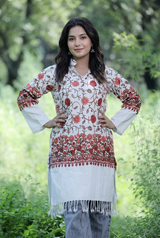 White Kashmiri woolen kurti with vibrant floral embroidery