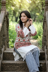  White woolen kurti with multicolour Kashmiri floral Jaal embroidery worn by a model