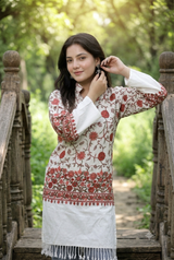  White Kashmiri embroidered woolen kurti worn by a woman