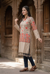 Beige Kashmiri ethnic kurti with multicolour floral embroidery