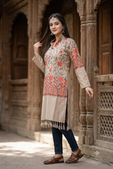 Beige woolen kurti with multicolour Kashmiri floral Jaal embroidery