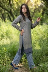 Grey Colour Kashmiri Zari Work Woolen Kurti CraftKashmir