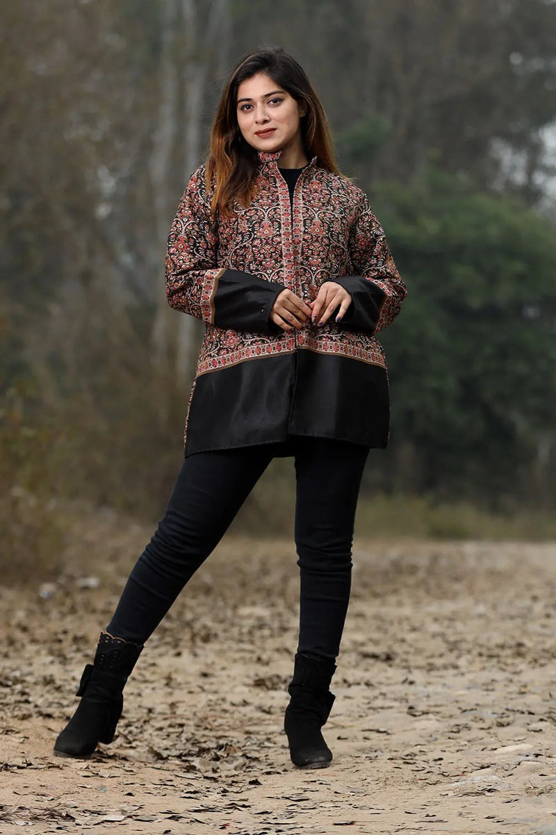 Kashmiri aari Black Jacket - CraftKashmir