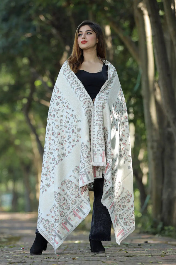 White colour zari shawl - CraftKashmir