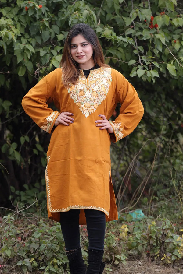 mustard color kashmiri aari work neck phiran - CraftKashmir